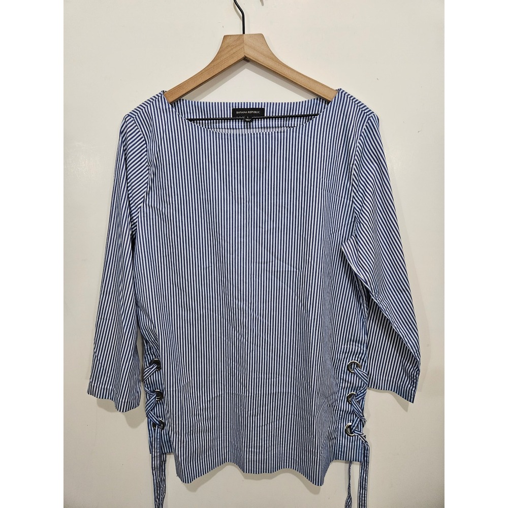 Banana Republic L Blue White Stripe Lace Up Grommet Top 3/4 Sleeve Nautical